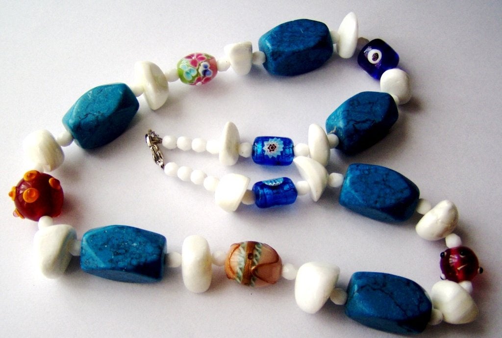 Prachtige Millefiori Murano glas turquoise kralen ketting, Sieraden, Tassen en Uiterlijk, Zo goed als nieuw, Steen of Mineraal