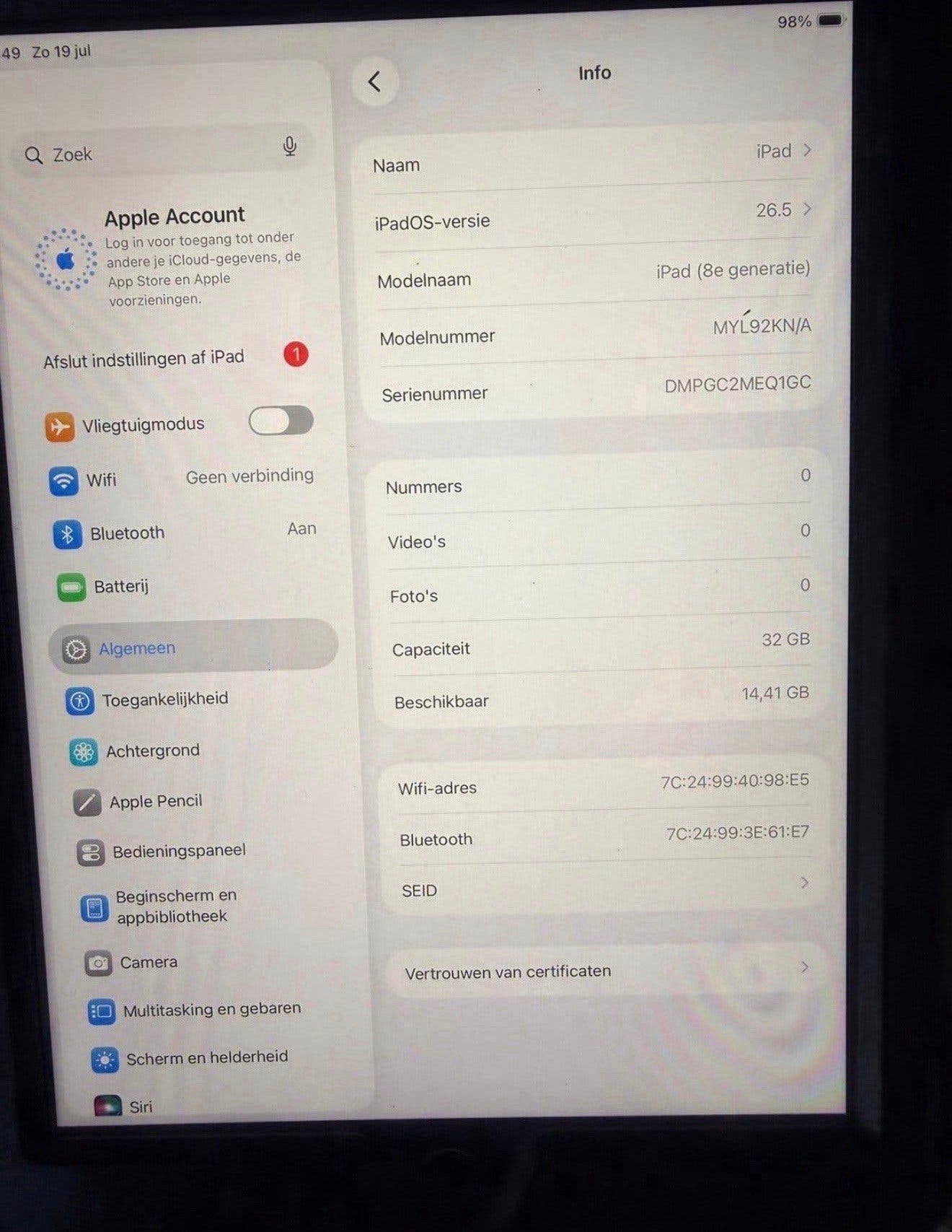 Ipad 8e generatie, 10 inch, 32 GB, Apple iPad, Ophalen of Verzenden
