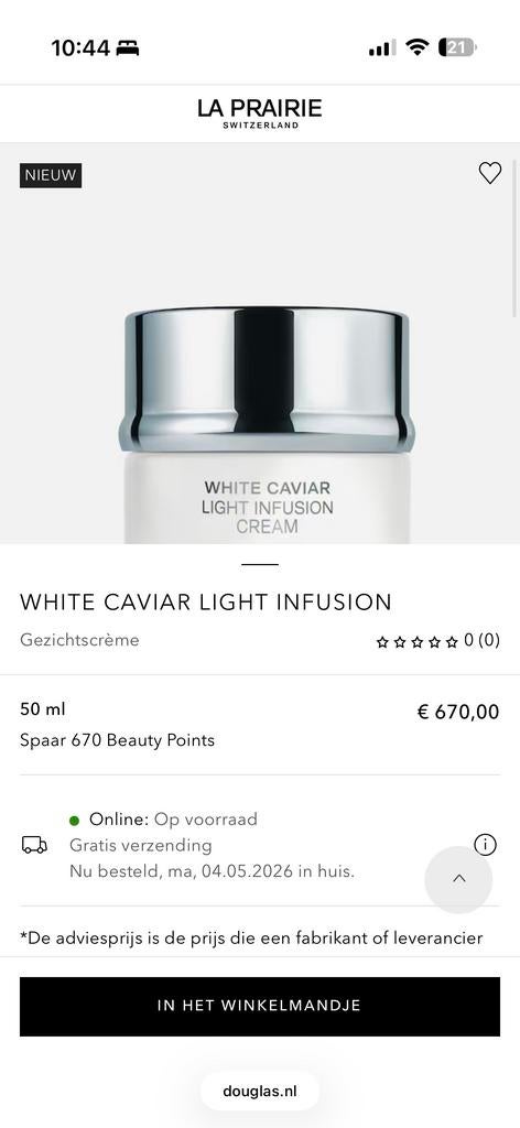 La Prairie White Caviar Light Infusion Cream 60ml, Ophalen of Verzenden, Nieuw, Gehele gezicht, Verzorging