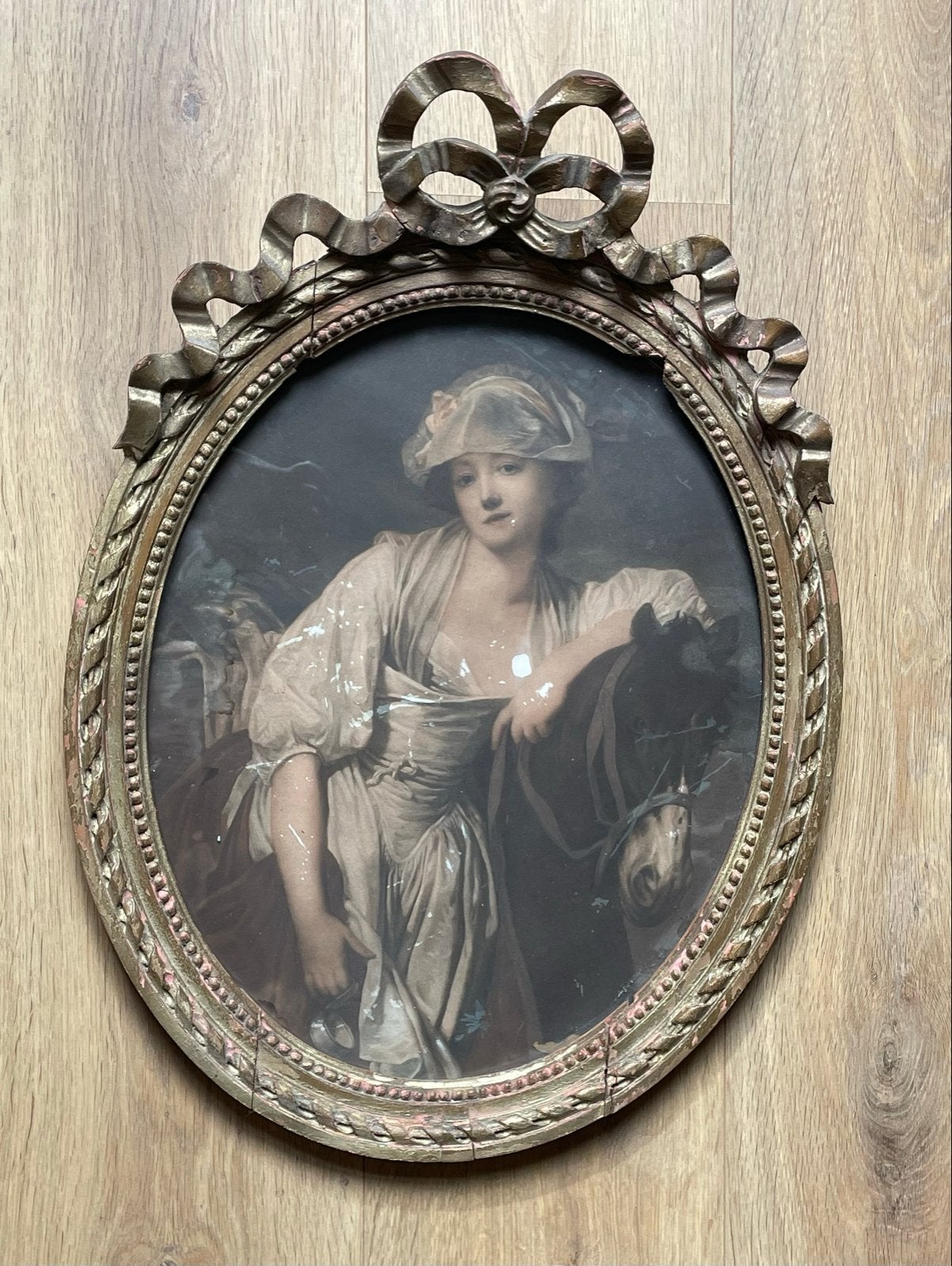 Antieke ovale lijst met prent van Het Melkmeisje van Greuze, Ophalen, Paneel, Portret of Personen, Klassiek