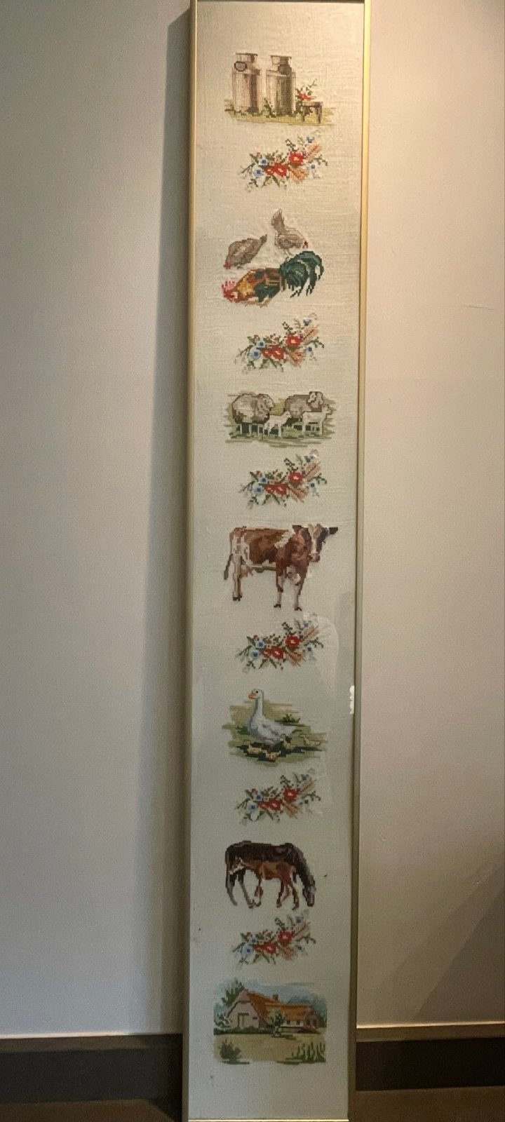 Vintage geborduurd boerderijtafereel in lijst (120x18 cm), Huis en Inrichting, Ophalen, Minder dan 50 cm, Gebruikt, Overige typen