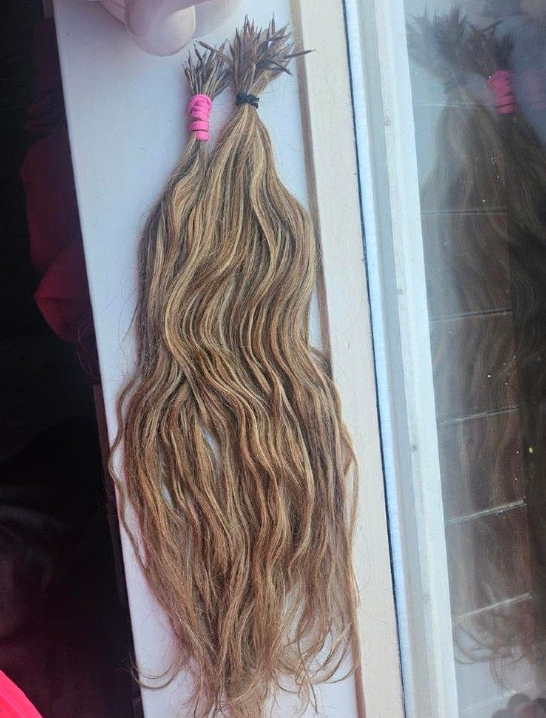Haarverlenging - Echt haar, blond/bruin, 55cm nano ring, Ophalen of Verzenden, Gebruikt, Pruik of Haarverlenging