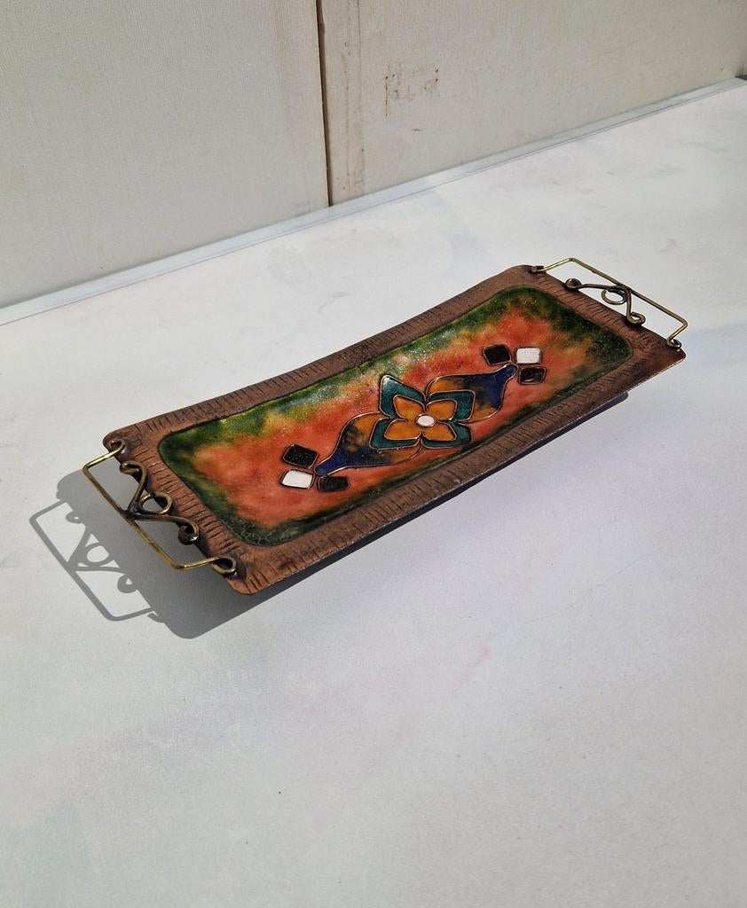 Vintage koperen tray met kleurrijk emaille decor - handwerk, Ophalen of Verzenden