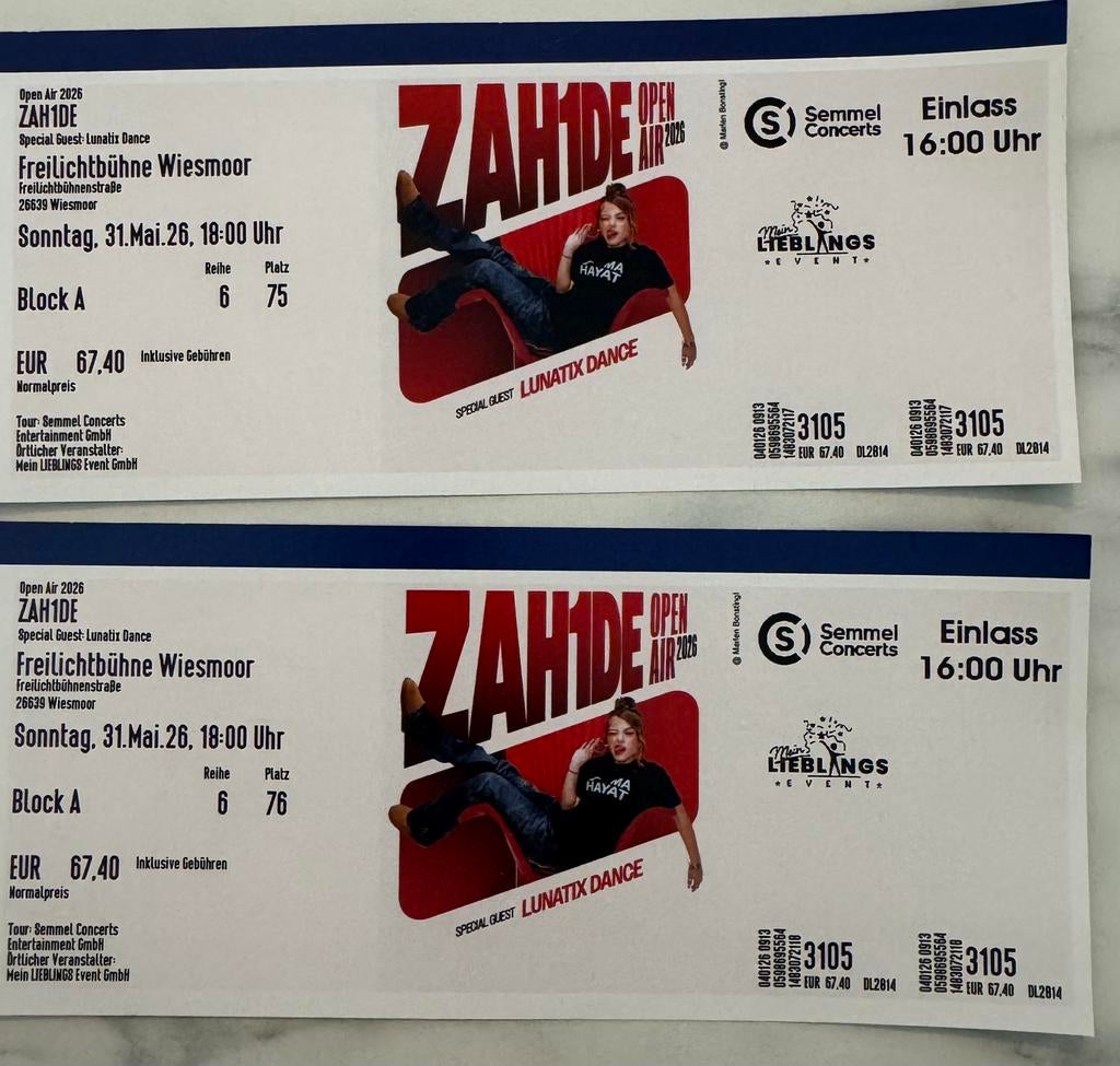 Zahide 2x concertkaarten 31 mei 2026 in Duitsland zitplekken, Twee personen, Mei