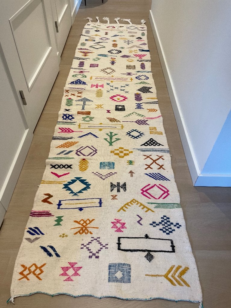 Lange kleurrijke loper met etnische patronen (Marokko), Ophalen, Geel, 50 tot 100 cm, Bohemian, Etnisch, Eclectisch
