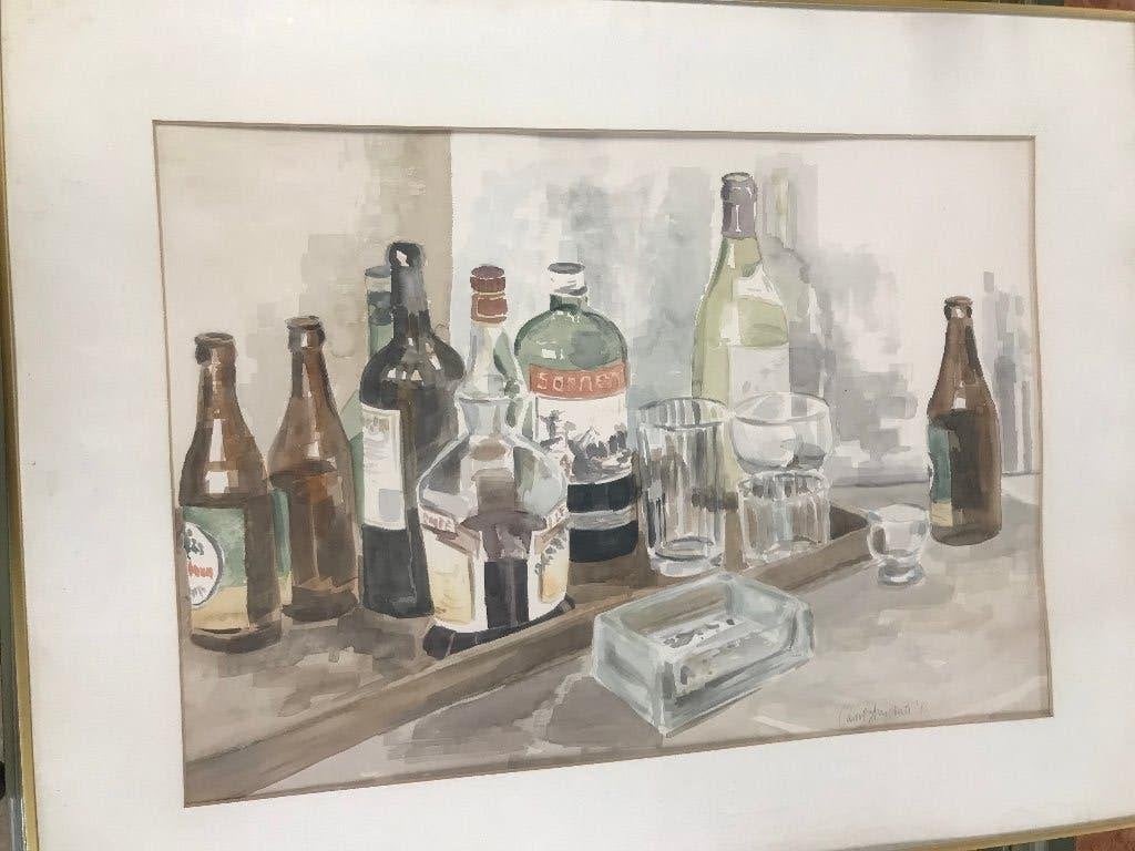 aquarel bier wijn  fles stilleven sonnema, Stilleven, Impressionistisch, Ophalen of Verzenden, Aquarel