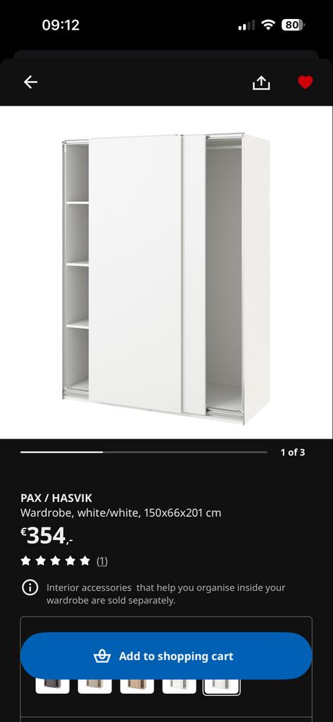 PAX / HASVIK Kledingkast wit, 150x66x201 cm, Met plank(en), Gebruikt, 100 tot 150 cm, 200 cm of meer