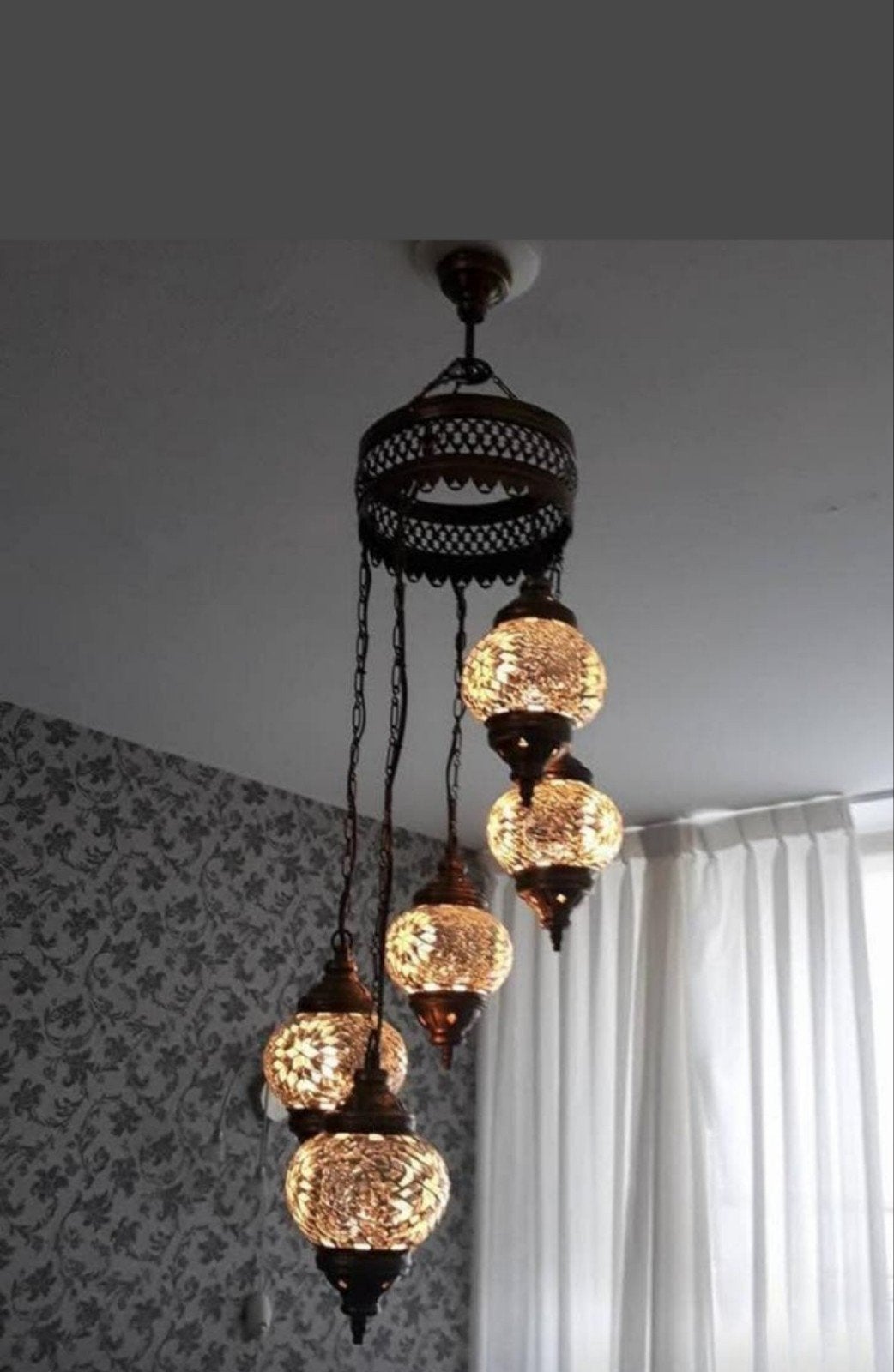 Turkse Mozaïek Hanglamp - 5 Bollen, Turks, Mozaïek, Oosters, Ophalen of Verzenden, Zo goed als nieuw, Glas