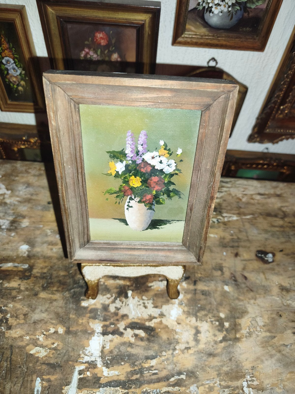oud schilderijtje schilderij lijst stilleven bloemen Y19, Ophalen of Verzenden
