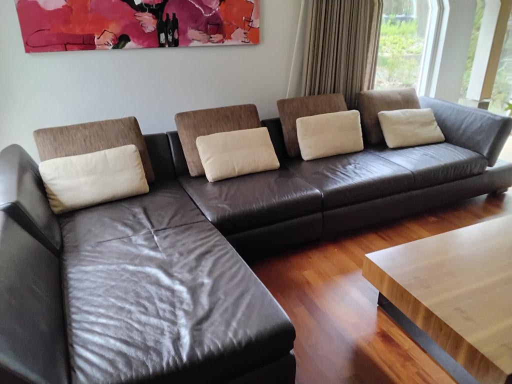 Luxe bruin lederen zithoek: 4-zits bank, fauteuil, poef., Ophalen, Gebruikt, Leer, Modern, Comfortabel