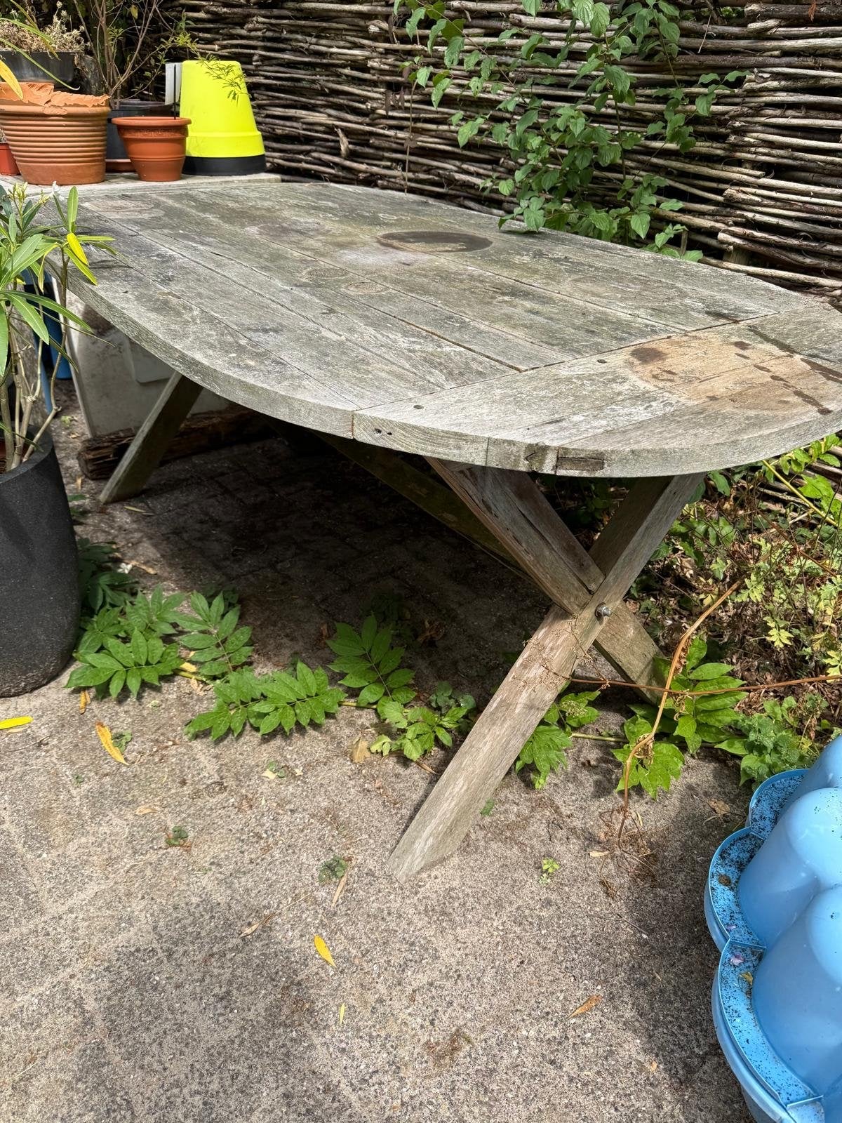Houten tuintafel met 7 stoelen, Tuin en Terras, Tuinstoelen, Ophalen, Gebruikt, Teakhout