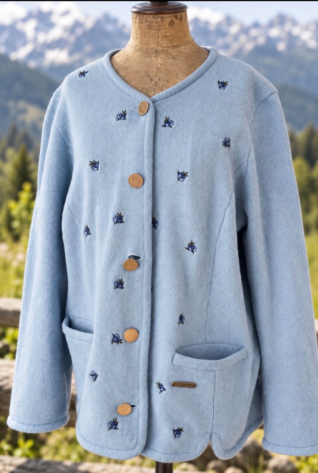 Hammerschmid wollen vest maat 44 lichtblauw geborduurd, Kleding | Dames, Verzenden, Gedragen, Maat 42/44 (L), Blauw