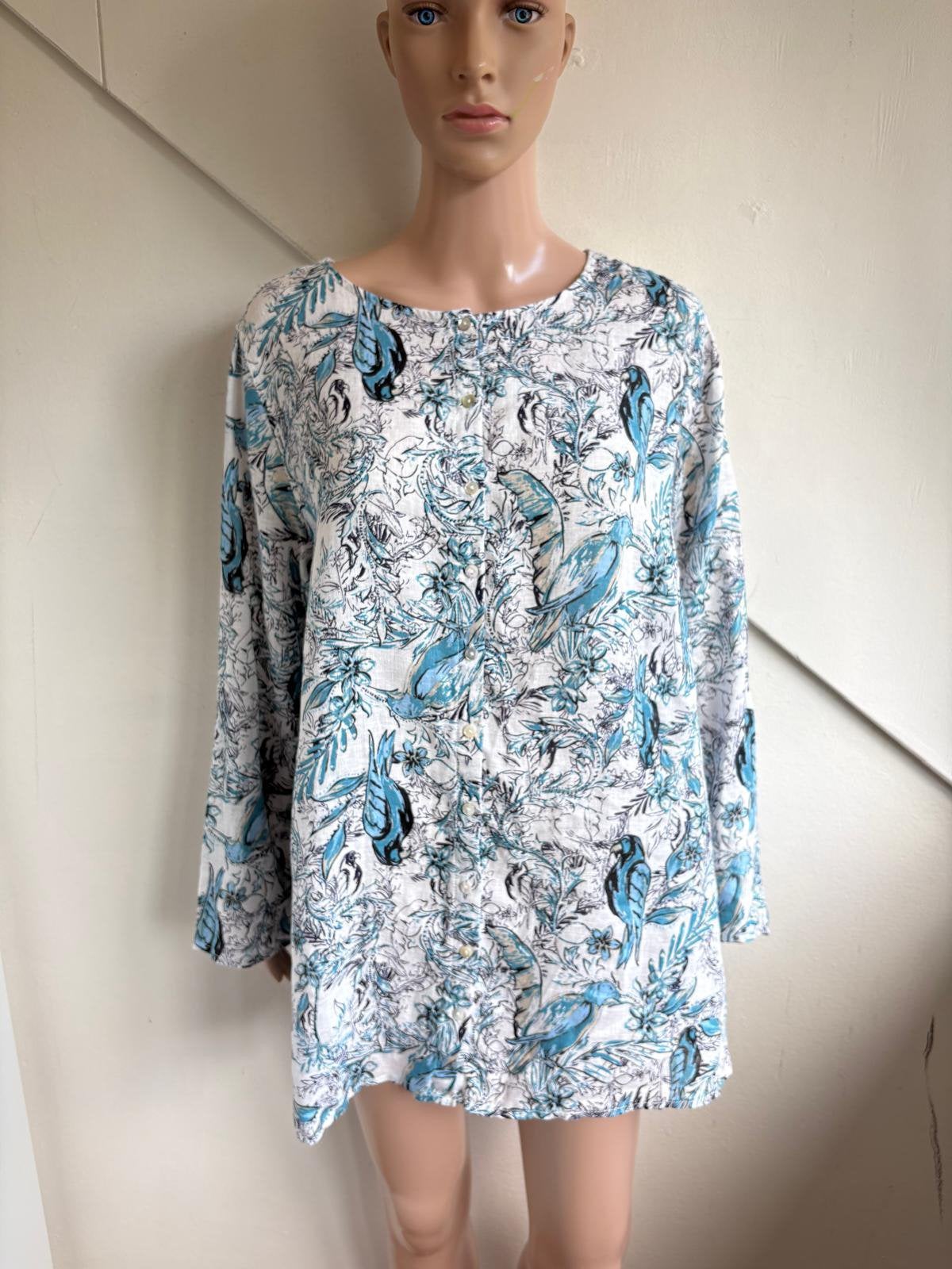Elie Tahari 100% linnen blouse maat 44/46 blauw vogelprint, Kleding | Dames, Ophalen of Verzenden, Zo goed als nieuw, Maat 46/48 (XL) of groter