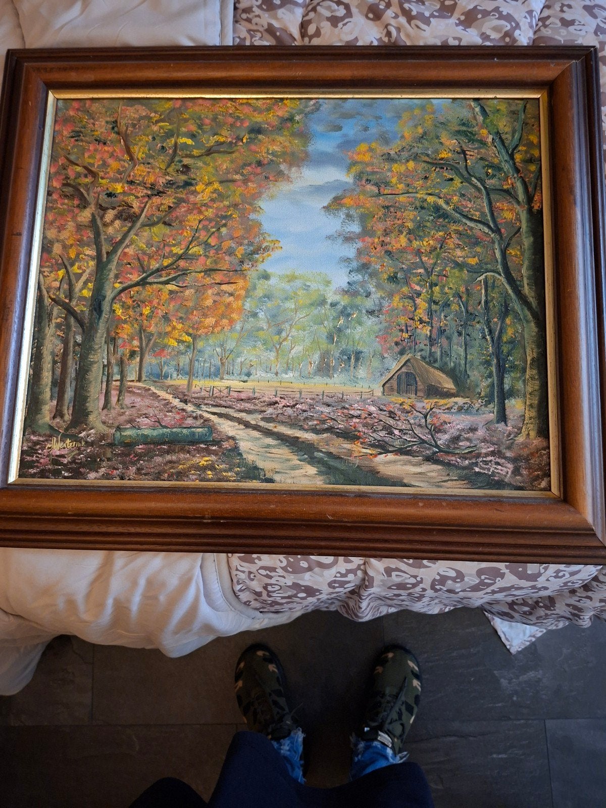 Schilderij van Westelijk: Herfstlandschap met bospad, Doek, Realistisch, Ophalen of Verzenden, Landschap