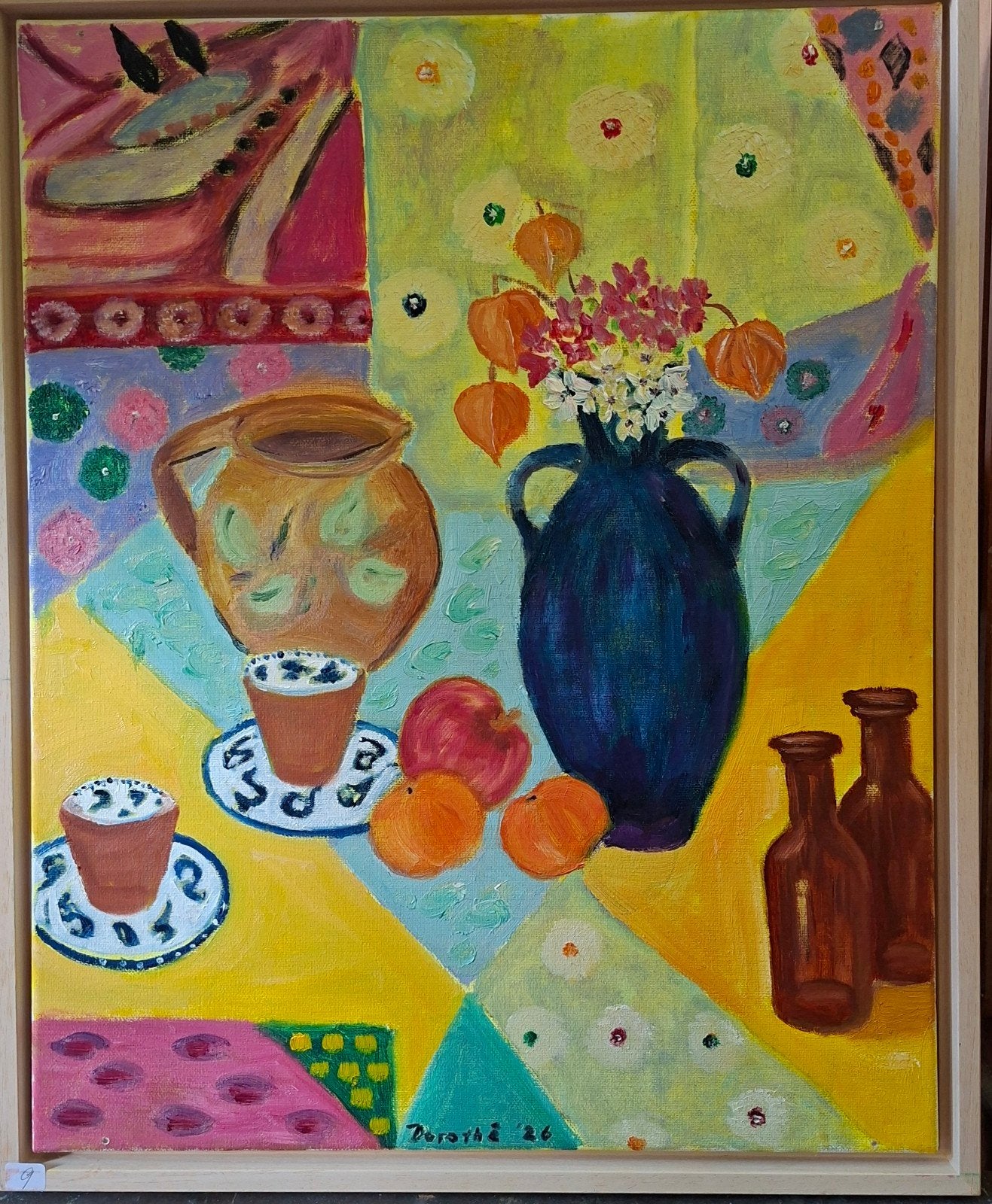 Kleurrijk stilleven met bloemen en fruit, Ophalen, Doek, Stilleven, Impressionistisch