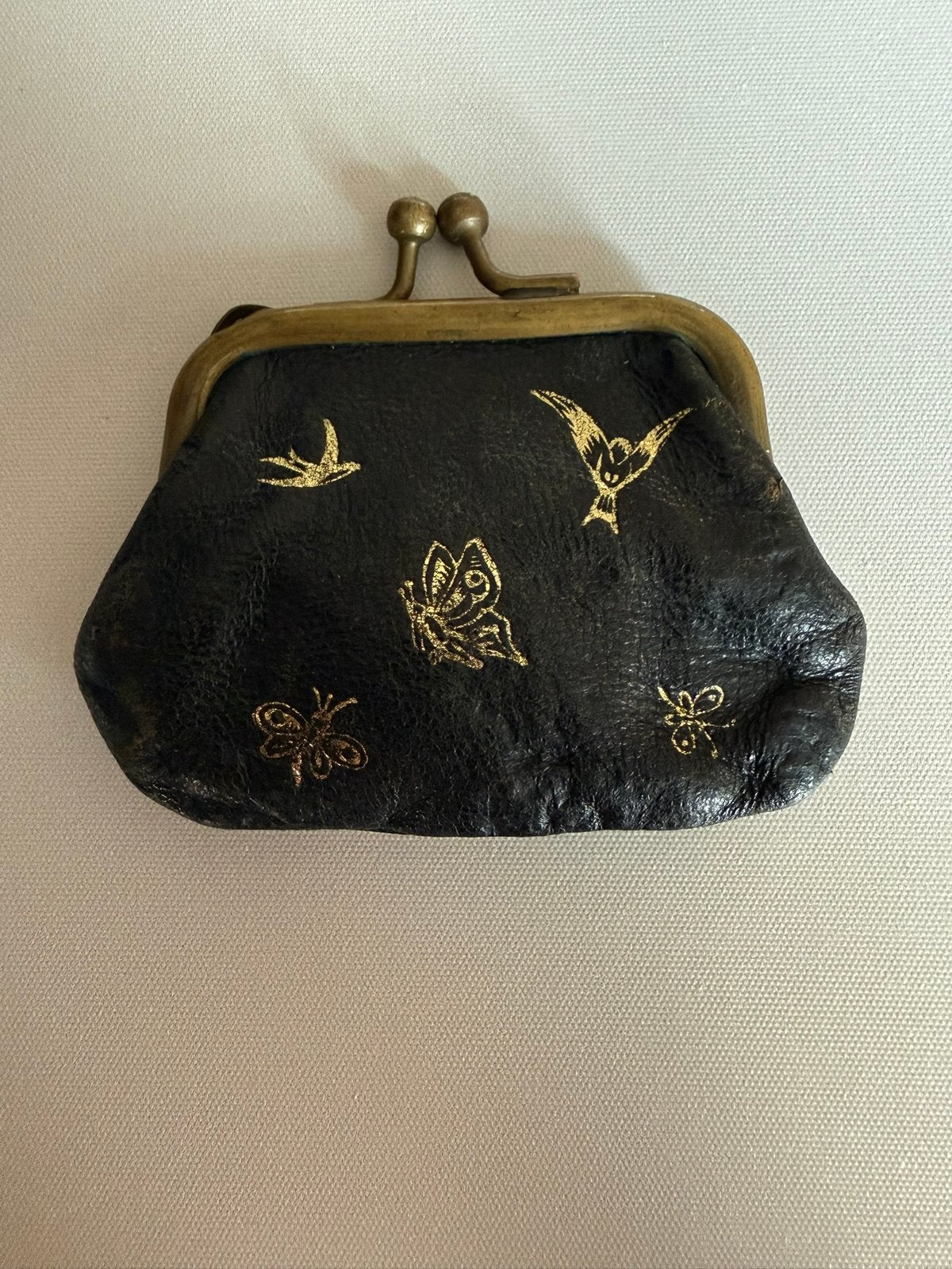 Vintage zwart leren knipbeursje met goudopdruk, Ophalen of Verzenden