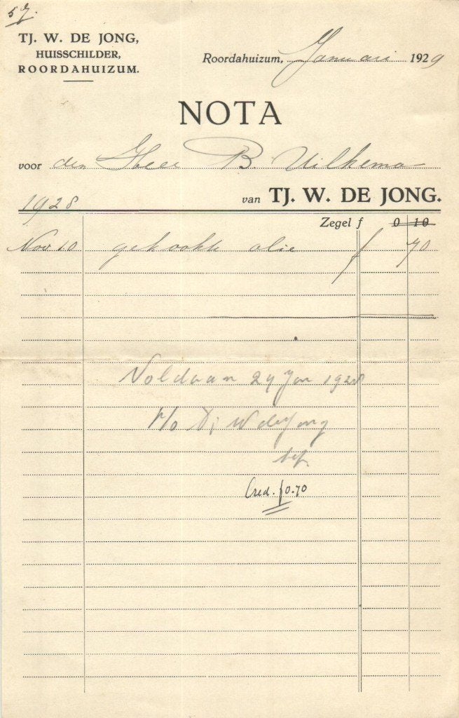Roordahuizum - T.J. W de Jong - Huisschilder - 1929, Verzenden, Gebruikt