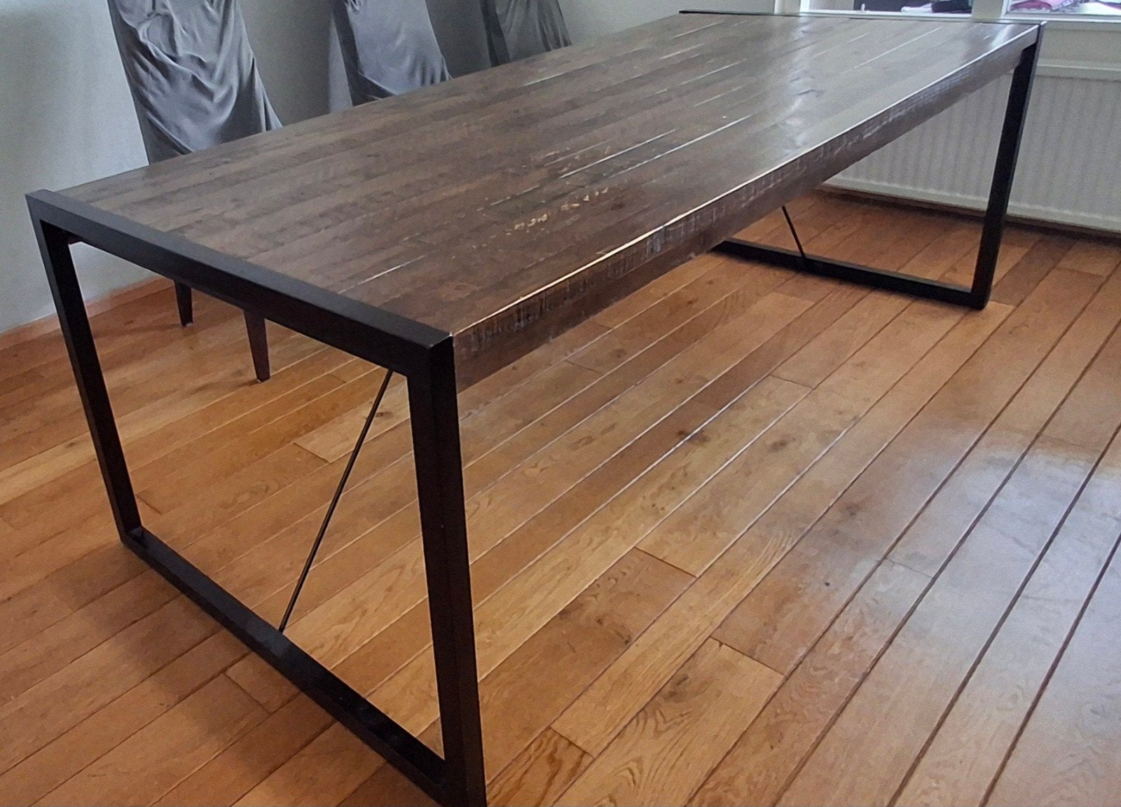 gratis industriele eettafel 220cm met metalen onderstel en, Gebruikt, 200 cm of meer, Industrieel, Modern, 50 tot 100 cm