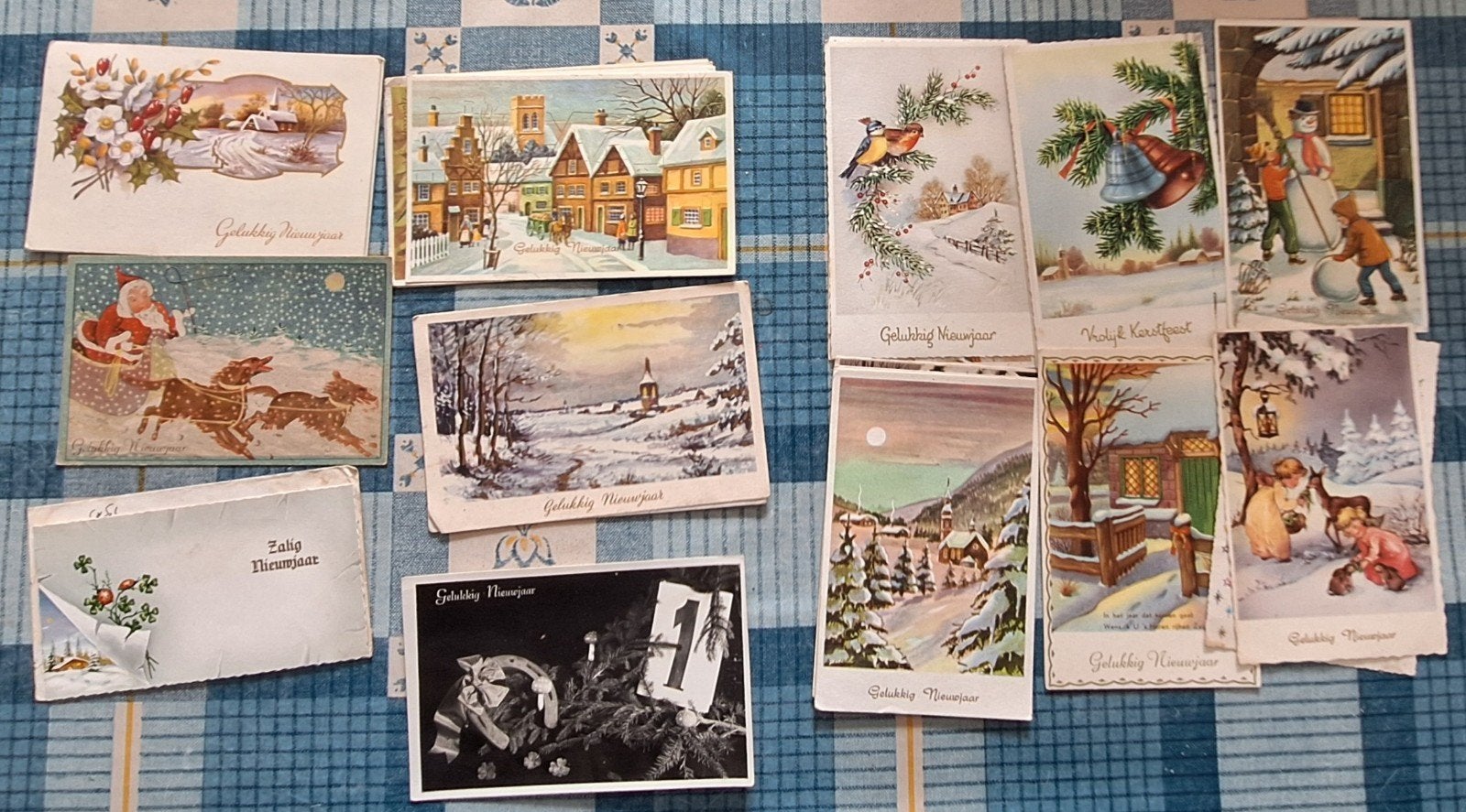 Grote collectie vintage kerst- en nieuwjaarskaarten, Verzamelen, Ophalen of Verzenden, Voor 1920, Gelopen