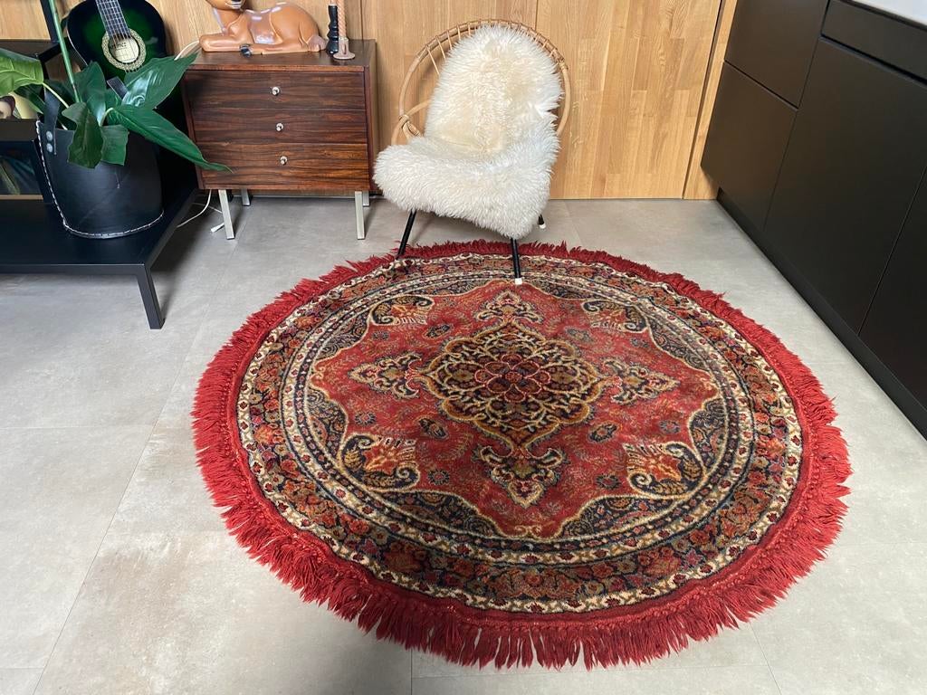 Vintage rond wollen vloerkleed met franjes, Ophalen, Gebruikt, 150 tot 200 cm, Rond