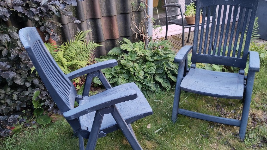 2 blauwe kunststof tuinstoelen van Hartman, Ophalen, Gebruikt, Kunststof, Verstelbaar