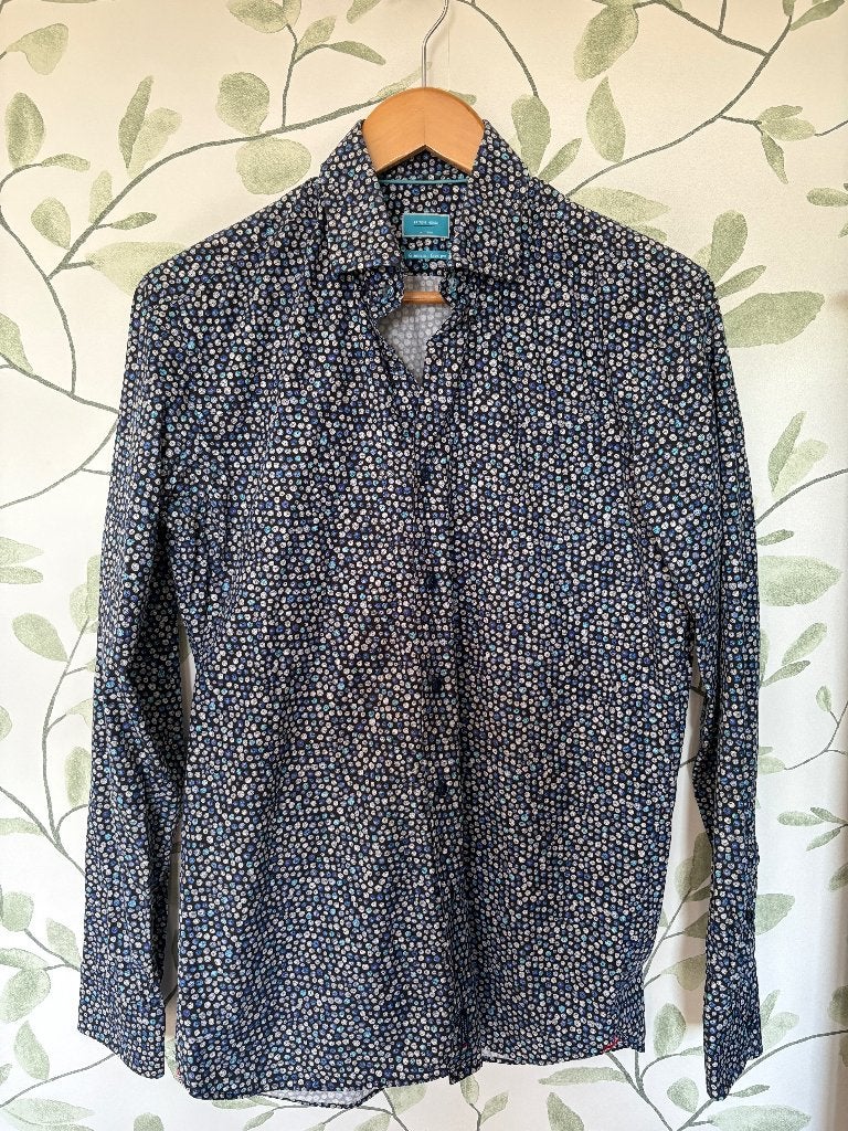 British Indigo blauw wit overhemd rondjes maat 39 medium, Ophalen, Blauw, Halswijdte 39/40 (M), Zo goed als nieuw