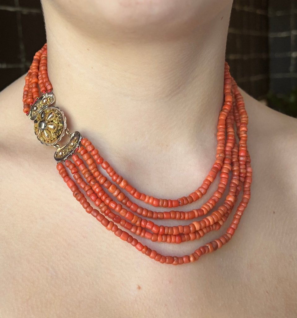 Bloedkoraal antieke ketting 14k slot goud zeer fraai dames, Sieraden, Tassen en Uiterlijk, Antieke sieraden, Ophalen of Verzenden