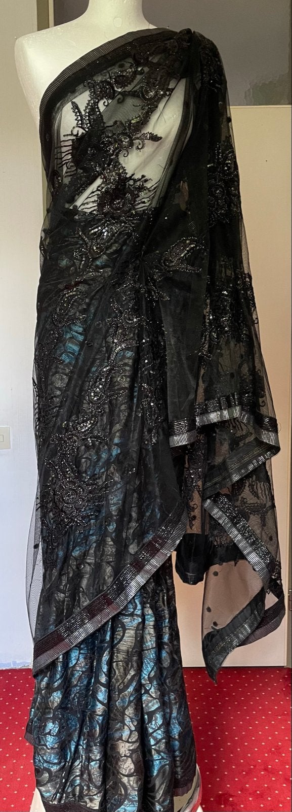 Exclusieve Zwarte Kanten Sari met Chiffon Bloemen, Overige typen, Zwart, Maat 42/44 (L), Nieuw
