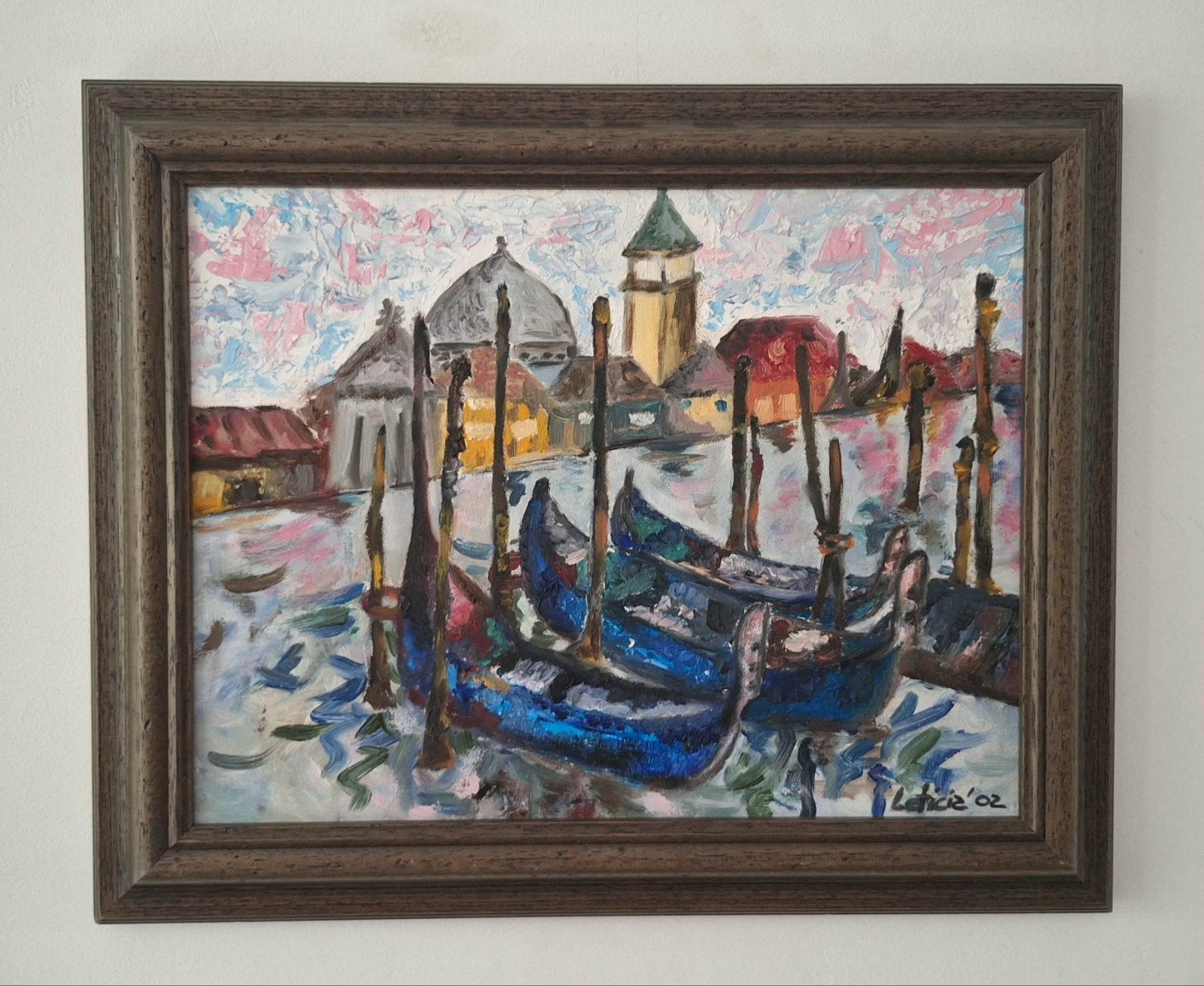 Schilderij Venetië met gondels, gesigneerd '02, Maritiem / water, Doek, Realistisch, Origineel werk