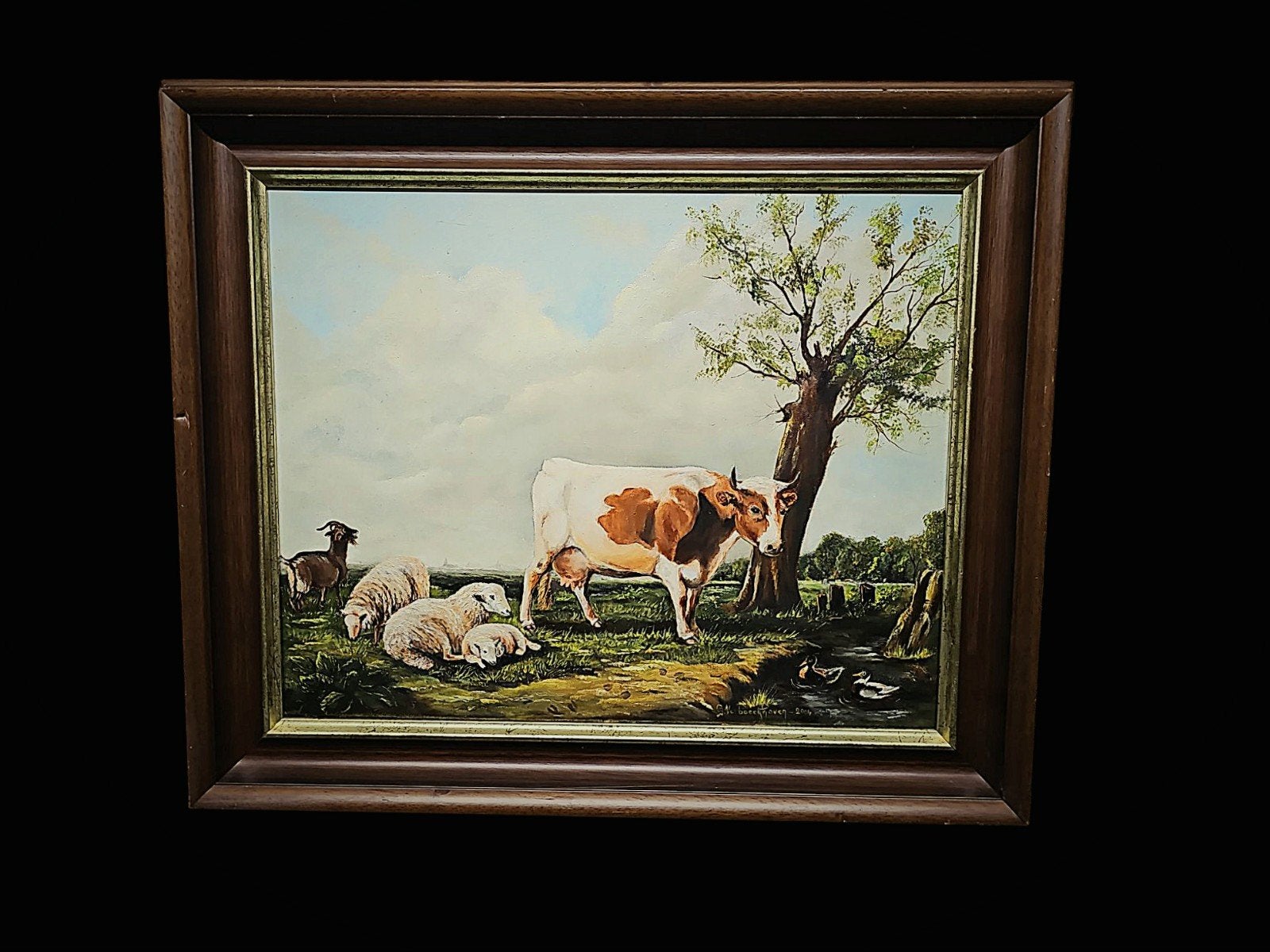 Olieverfschilderij Koeien en Schapen in Landschap, Ophalen of Verzenden