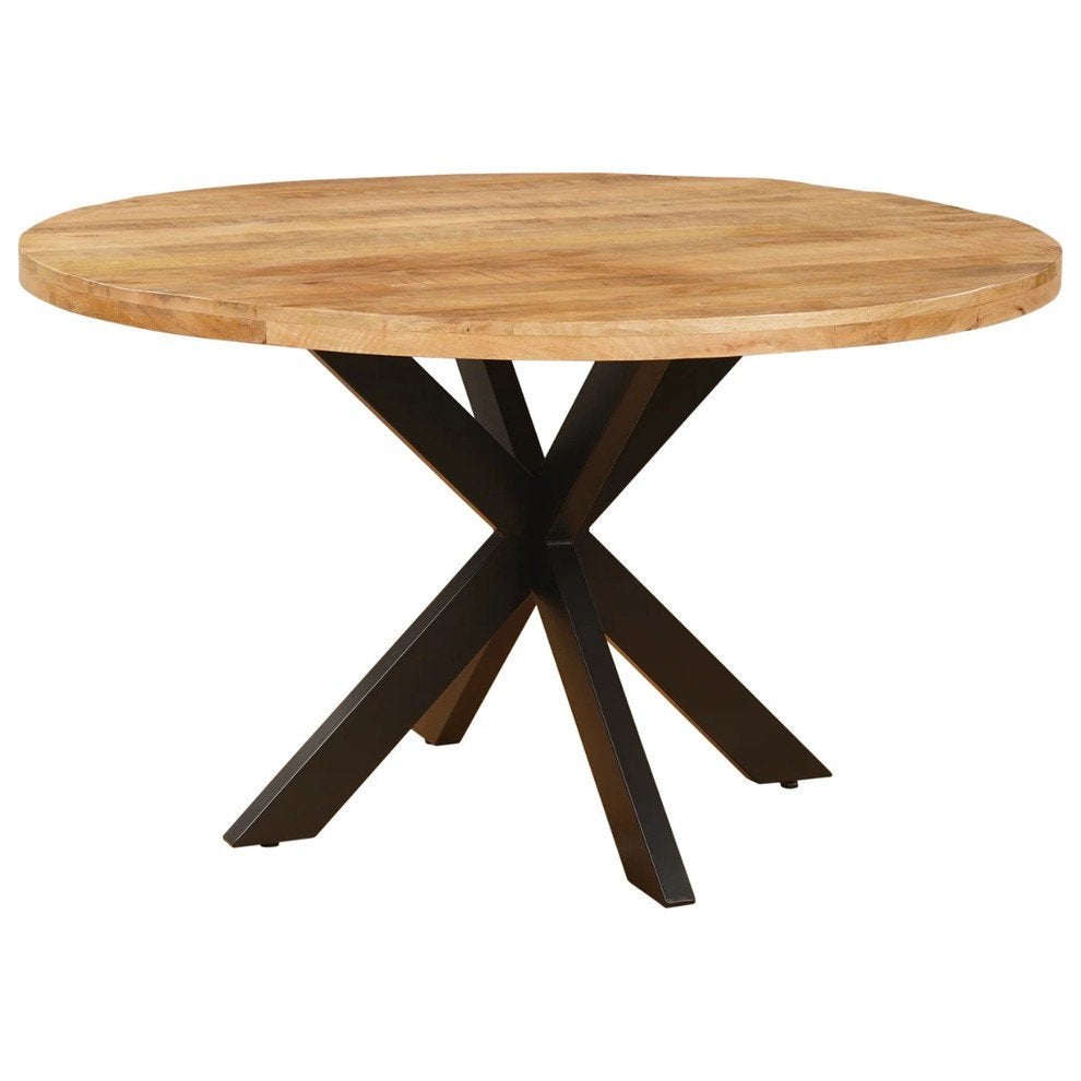 150 cm Ronde eettafel van mangohout met metalen spinpoot, Huis en Inrichting, Tafels | Eettafels, Overige houtsoorten, Modern, Industrieel