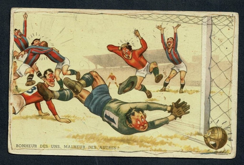 Voetbal : humor kaart uit 1956, Verzamelen, Verzenden, Gebruikt, Overige binnenlandse clubs, Poster, Plaatje of Sticker