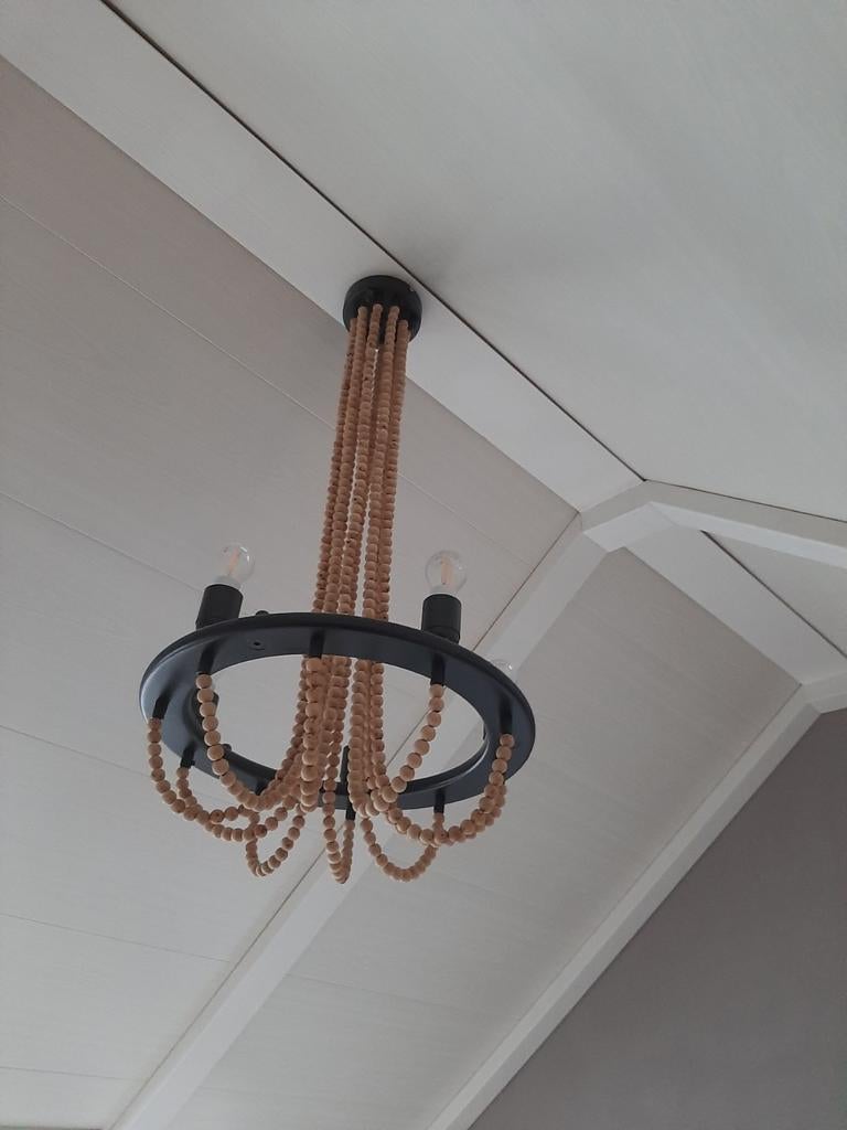 2x Zwarte Kroonluchter met Houten Kralen, Huis en Inrichting, Ophalen of Verzenden, Zo goed als nieuw, Hout, Modern, Bohemian, Landelijk
