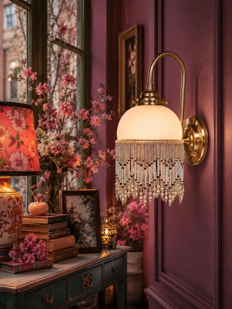 Vintage Boudoir Wandlamp met Kralen Kwastjes Goud, Huis en Inrichting, Ophalen of Verzenden
