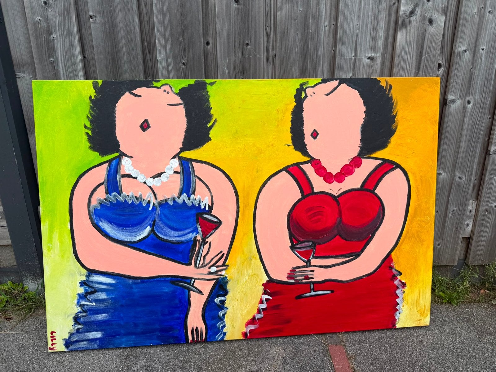 Vrolijk schilderij van twee dikke dames met drankjes 79x120, Ophalen, Doek, Portret of Personen, Expressionistisch