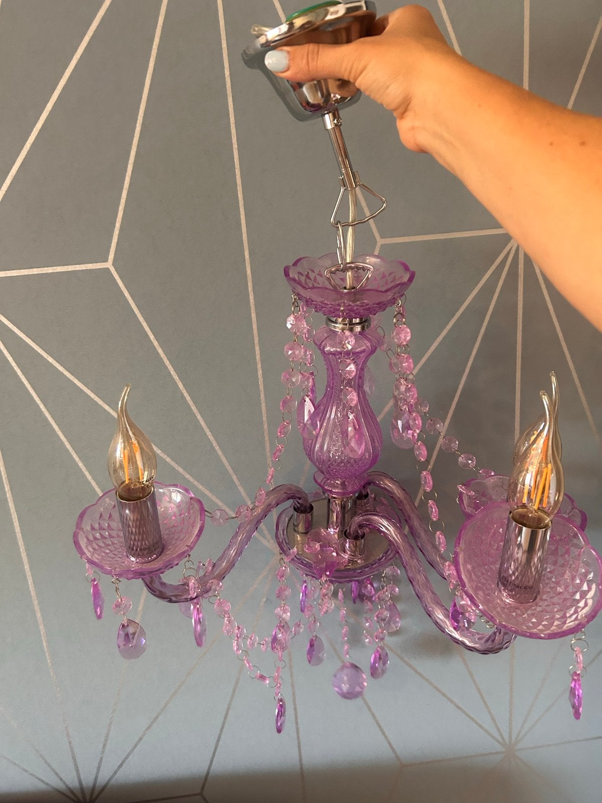 Paarse kroonluchter met 3 lampen - Kinderkamer, Ophalen, Gebruikt, Kunststof, E14 (klein)