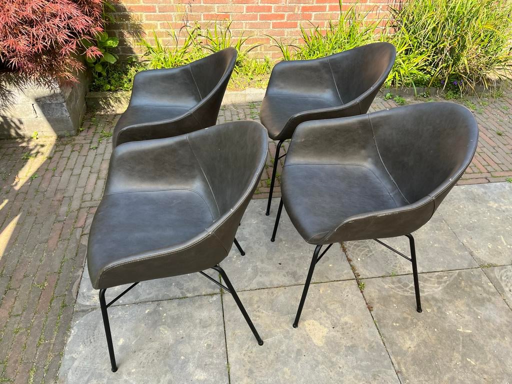 4 Goossens Eettafelstoelen - Donkerbruin Leer, Huis en Inrichting, Ophalen, Gebruikt, Bruin, Leer