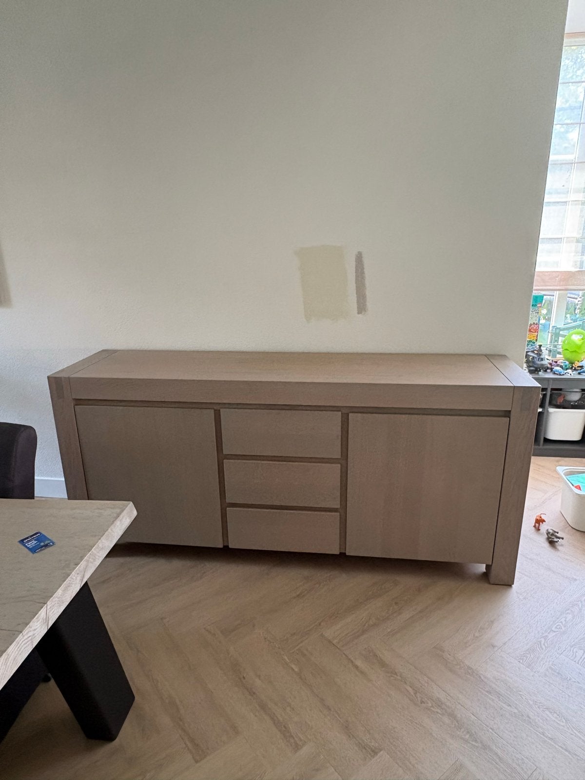 Supermooie eiken dressoir met greywash lak, Ophalen, Eikenhout, Zo goed als nieuw, 200 cm of meer