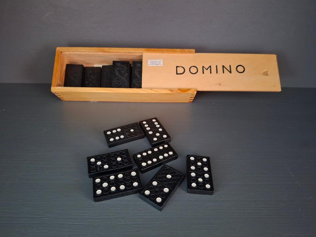 Domino familiespel in houten kistje, Ophalen of Verzenden, Zo goed als nieuw, Bouwen