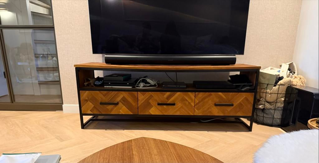 Teakhouten tv meubel van Loods 5, Ophalen, 100 tot 150 cm, Teakhout, Zo goed als nieuw