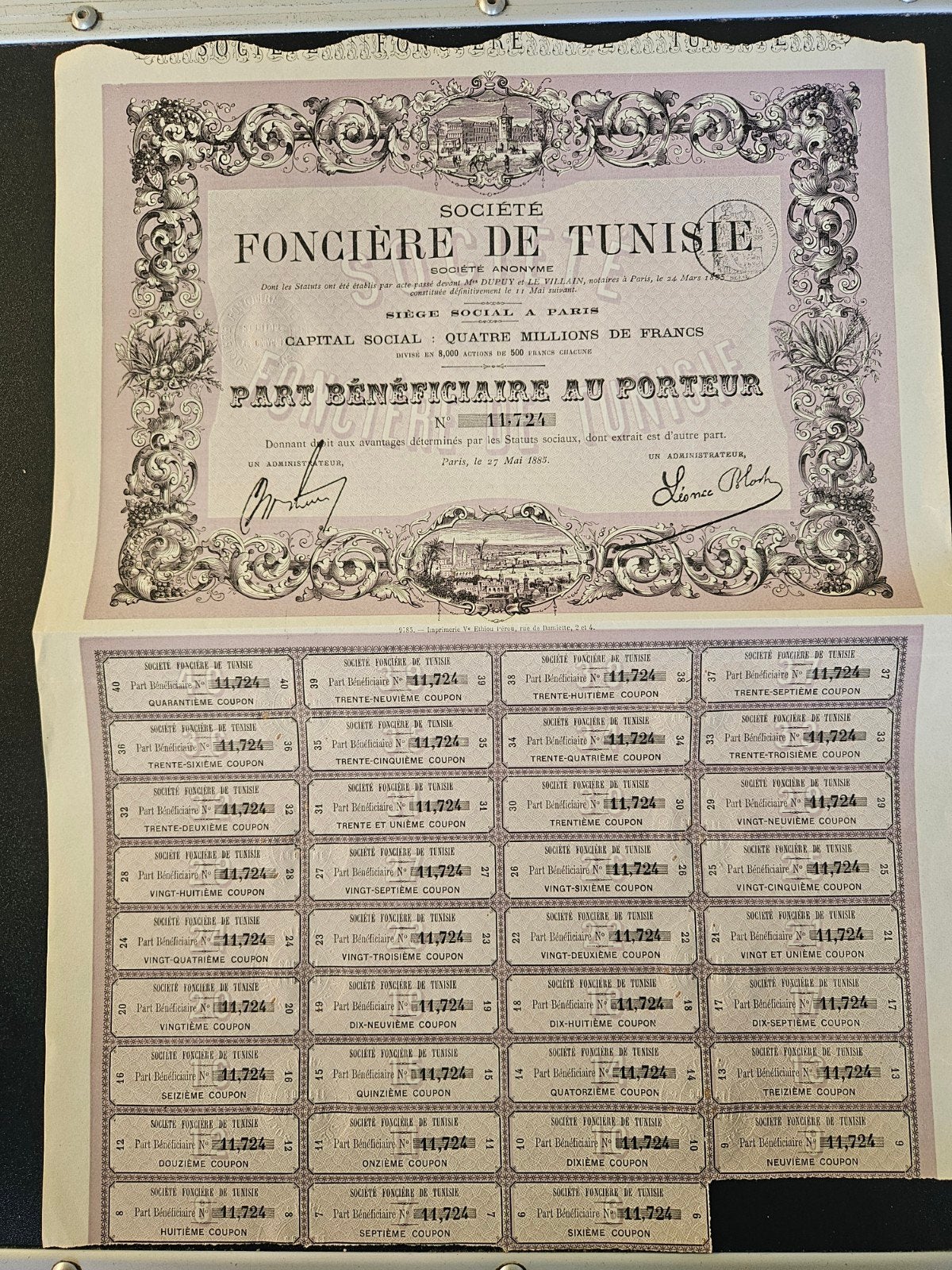 Société Foncière de Tunisie, Parijs 1885 aandelen, Ophalen of Verzenden, Voor 1920, Aandeel