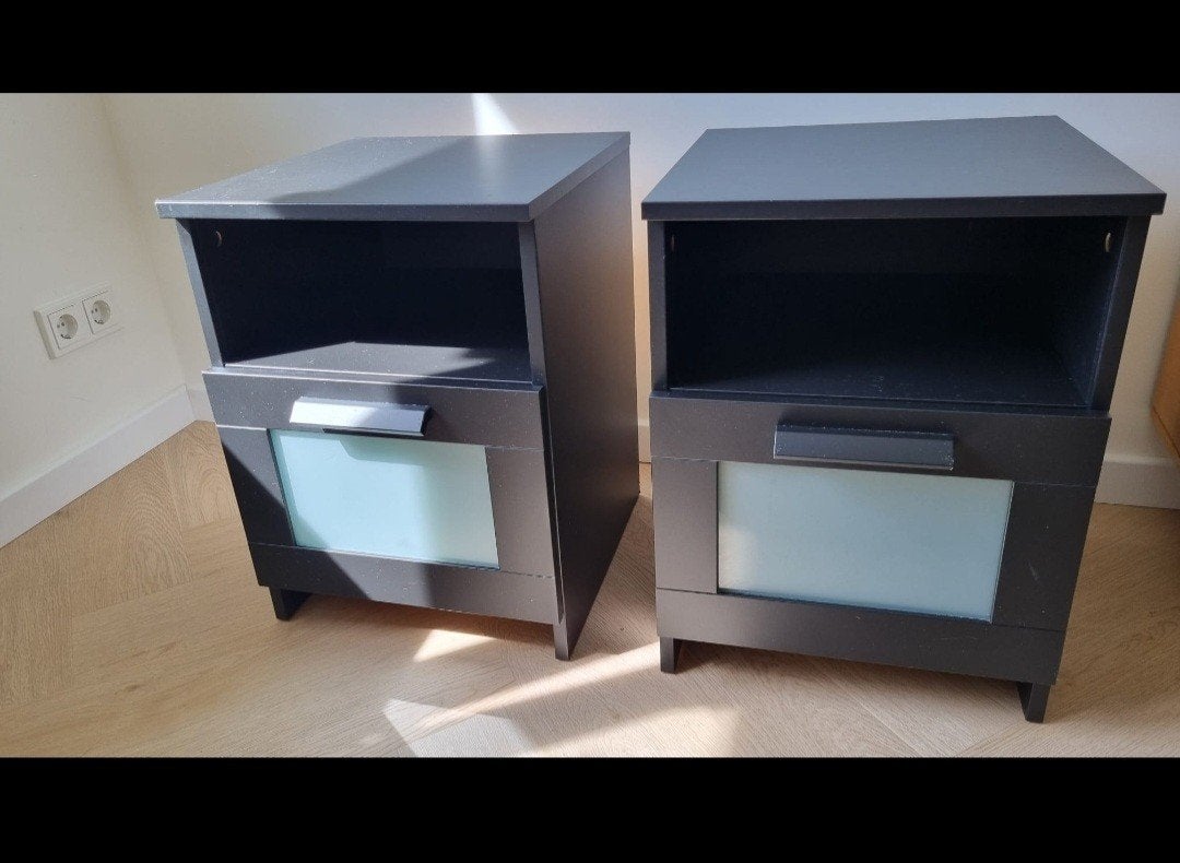 2x IKEA BRIMNES Nachtkastje Zwart met Lade en Plank, Ophalen, Gebruikt, Minder dan 45 cm, 55 tot 70 cm