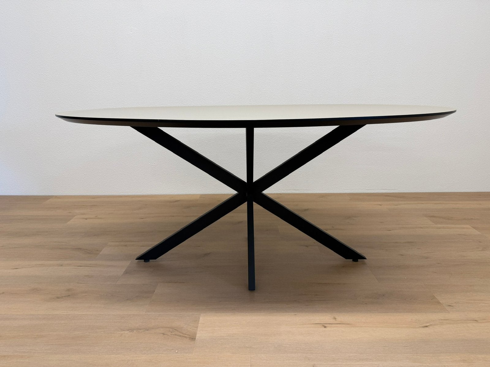 Ovale eettafel 180x110 - Beige HPL - Direct Leverbaar, Huis en Inrichting, 100 tot 150 cm, Ophalen of Verzenden, Zo goed als nieuw
