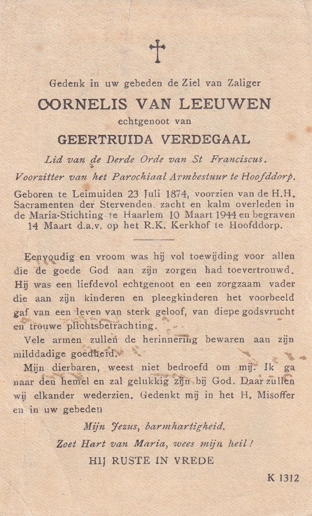 Leeuwen Cornelis 1874 Leimuiden 1944 Haarlem, Ophalen of Verzenden, Bidprentje