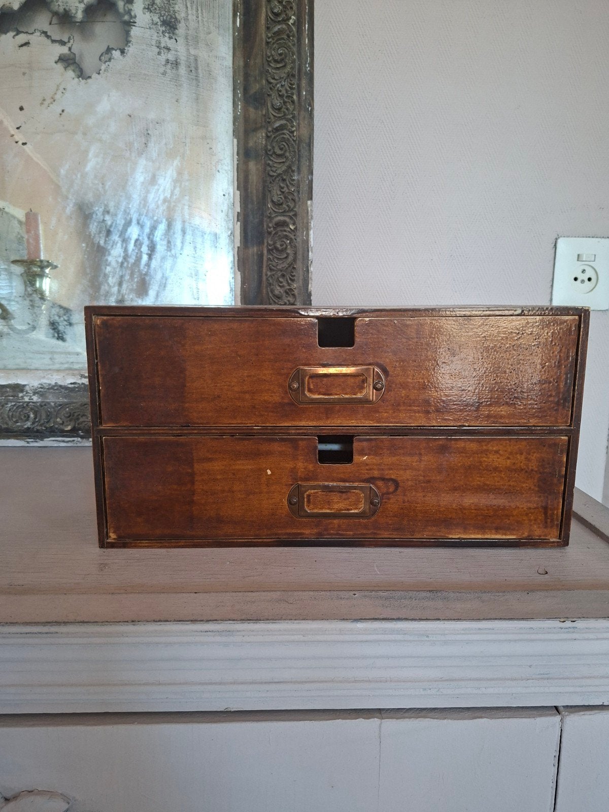 Vintage houten kaartenbak / antiek bureau-archiefje (2 lades, Ophalen of Verzenden, Gebruikt, Minder dan 50 cm