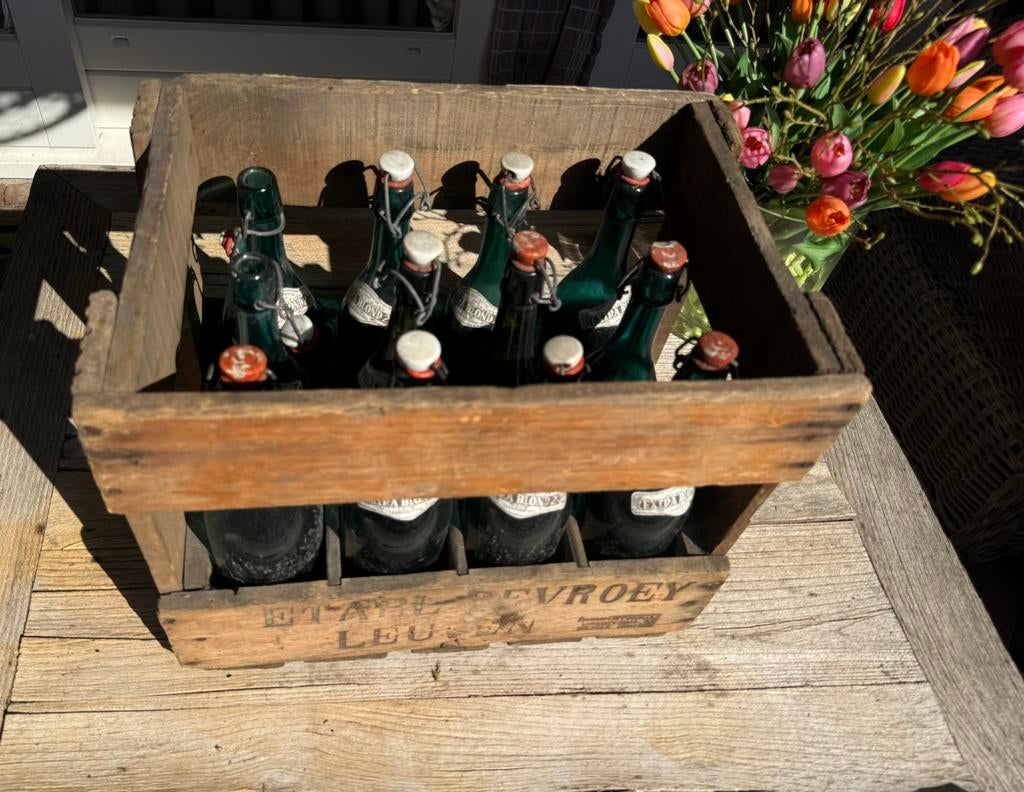 Vintage Devroey Vintage houten krat, 12 groene flessen, Ophalen, Gebruikt, Glas, Minder dan 50 cm