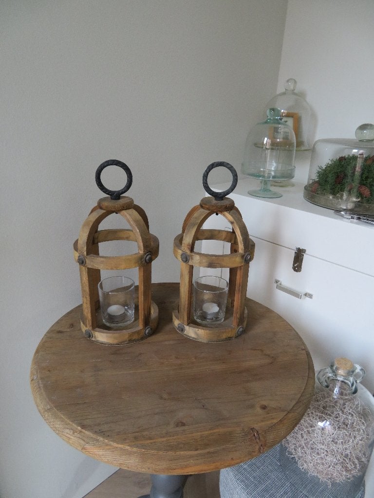 Houten windlichten met glaasjes, Huis en Inrichting, Windlicht, 35 cm, Ophalen of Verzenden, Zo goed als nieuw