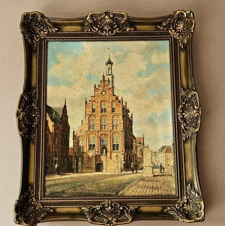 GesigJ. van Os  of H.J ? Antiek-olieverf -stadgezicht opdoek, Ophalen