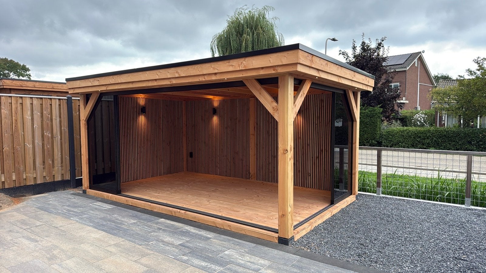 Luxe houten overkapping met glazen schuifwanden, Tuin en Terras, Ophalen, 3 ramen of meer, Noordman Hout, Overige typen