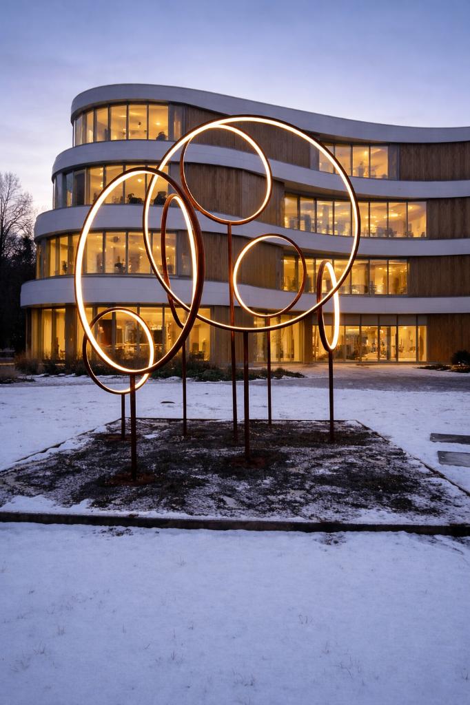 Een moderne, sculpturale lichtinstallatie van cortenstaal,, Ophalen